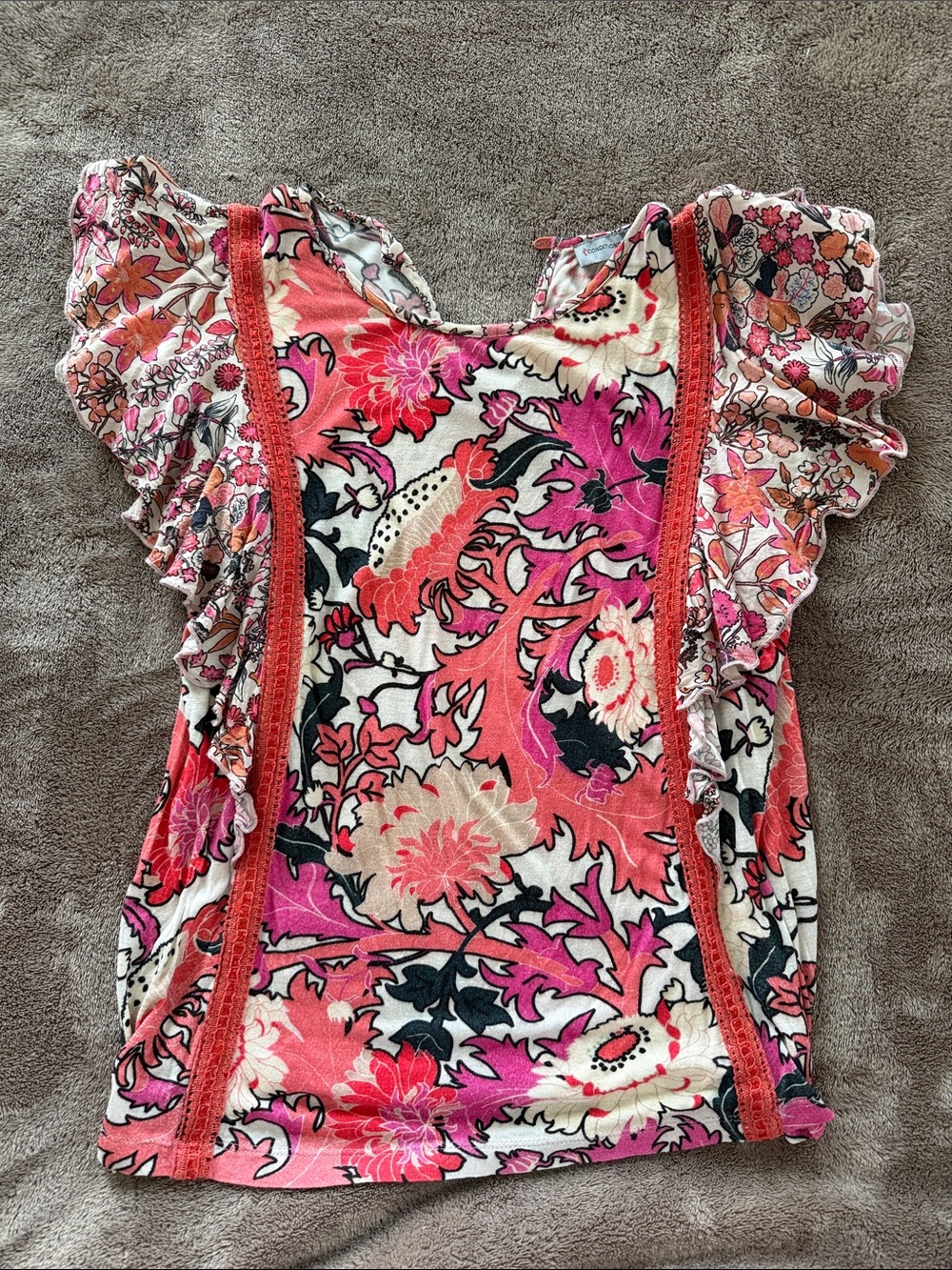 Anthropologie Coral Pink Floral Lace-Trim Blouse